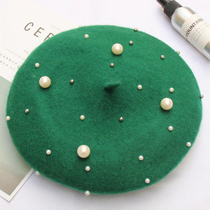 Women Pearl Stars Wool Felt Beret Hat Cap