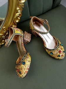 Luxurious Rhinestone Embroidery Floral Block Heel Ankle Strap Vintage Shoes