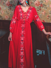 Load image into Gallery viewer, Women&#39;s Bohemian Embroidered Floral V Neck Long Sleeve Cotton Boho Maxi Dress