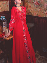 Load image into Gallery viewer, Women&#39;s Bohemian Embroidered Floral V Neck Long Sleeve Cotton Boho Maxi Dress