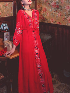 Women's Bohemian Embroidered Floral V Neck Long Sleeve Cotton Boho Maxi Dress