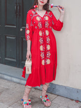 Load image into Gallery viewer, Women&#39;s Bohemian Floral Embroidered V Neck 3/4 Sleeves Front Split Button Maxi Boho Dress