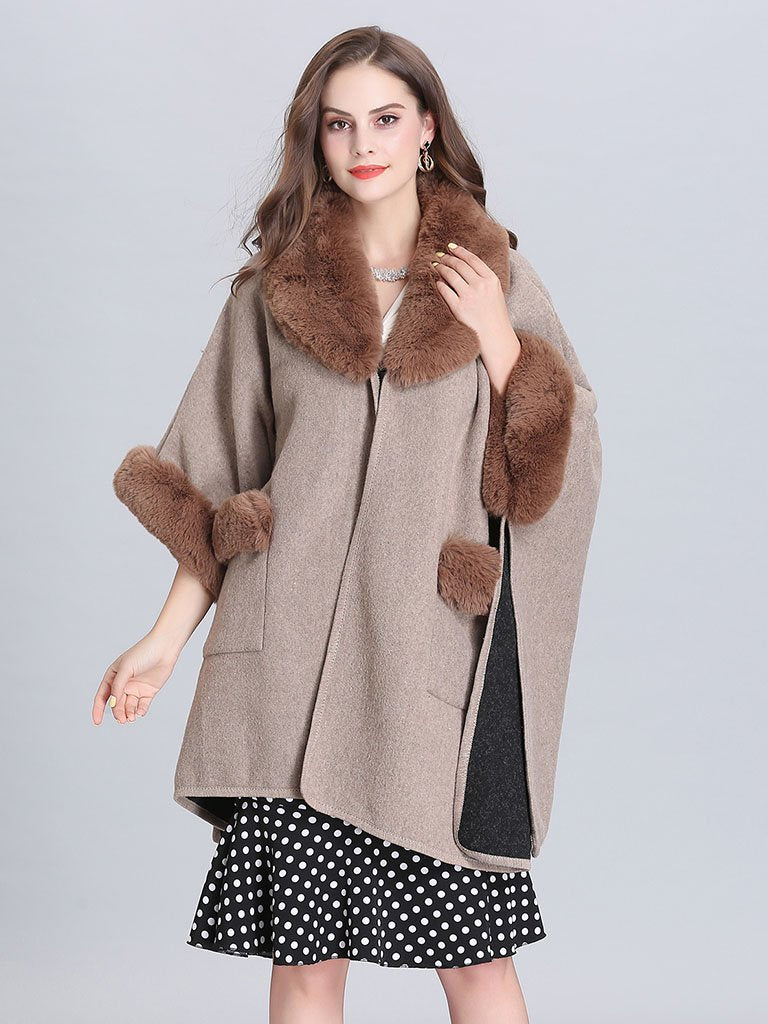 Poncho Knitwear Women Faux Fur Coat Shawl Collar Sweaters