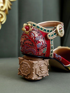 Luxurious Rhinestone Embroidery Floral Block Heel Ankle Strap Vintage Shoes