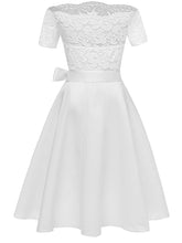 Load image into Gallery viewer, Solid Color Off the Shoulder Lace A line Vintage Party Dress