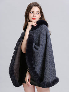 Women Woolen Poncho Faux Fur Shawl Collar Oversized Winter Coat