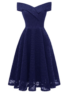 Solid Color Short Sleeve Off the Shoulder A line Vintage Party Dress