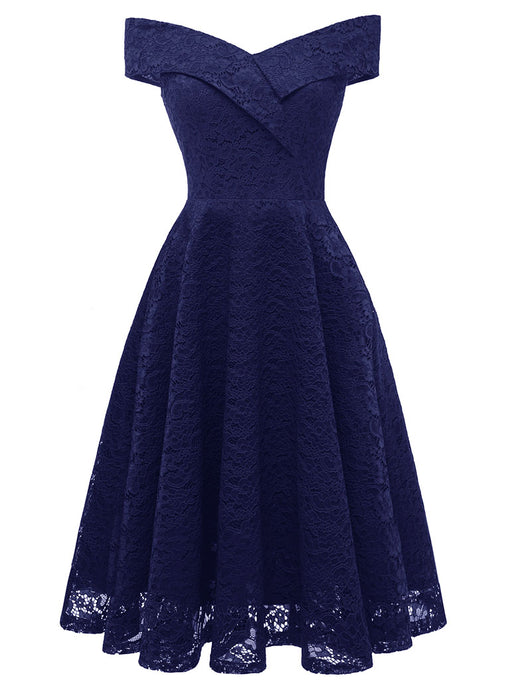 Navy Short Sleeve Off the Shoulder A line Vintage Party Dress