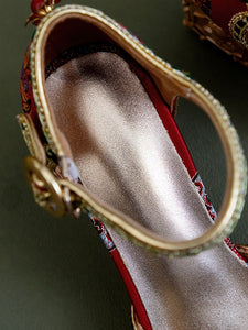 Luxurious Rhinestone Embroidery Floral Block Heel Ankle Strap Vintage Shoes