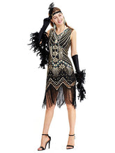 Load image into Gallery viewer, Black Silver 1920s V Neck Sequined Flapper Dres