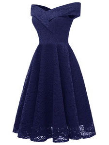 Solid Color Short Sleeve Off the Shoulder A line Vintage Party Dress
