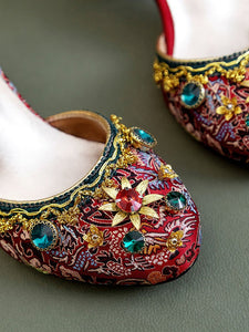 Luxurious Rhinestone Embroidery Floral Block Heel Ankle Strap Vintage Shoes