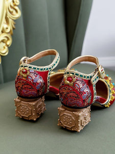 Luxurious Rhinestone Embroidery Floral Block Heel Ankle Strap Vintage Shoes