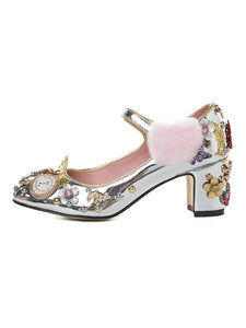 9.5CM Luxury Pompom Chunky Heels Retro Shoes