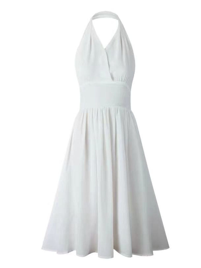 White Halter Sexy Marilyn Monroe Same Style 1950S Vintage Dress, White / XS