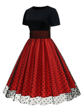 Load image into Gallery viewer, Black Crew Neck Polka Dots Embroidered Short Sleeve 50S Swing Dress