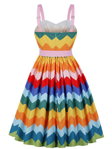 1950s Rainbow Print Of Multicoloured Zig-zagged Lines Swing Dress With Belt