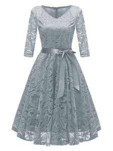 V Neck Soild Color Long Sleeve Bow Lace A line Vintage Dress