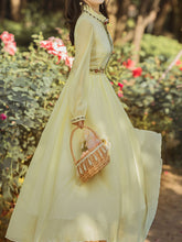 Load image into Gallery viewer, Yellow Flower Embroidered Puff Long Sleeve Edwardian Revival Dress