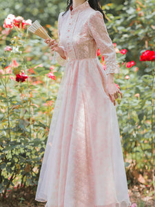 Pink Embroidered Puff Long Sleeve Edwardian Revival Dress