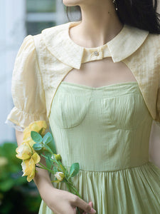 2PS White Cape With Green Spaghetti Strap 1950S Dress Set