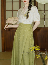 Load image into Gallery viewer, 2PS Green Turn Down Collar Flower Embroidered Shirt And Swing Skirt Dress Set
