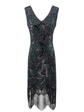 Load image into Gallery viewer, 4 Colors 1920s V Neck Sequined Flapper Dress