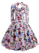Load image into Gallery viewer, Cotton Floral Printed Back Bow Hollow Out 1950S Dress