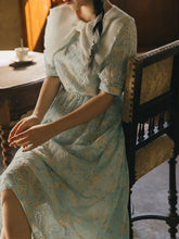 Load image into Gallery viewer, Baby Green Bow Butterfly Collar Puffed Sleeves Embroidered 50S Dress