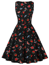 Load image into Gallery viewer, Black Butterfly And Bird Print 1950S Sleeveless Vintage Swing Dress With Pockets