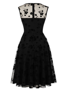 Black Lace Flower Semi-sheer Short Sleeve Dress