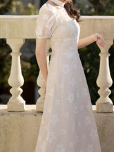 Load image into Gallery viewer, White Daisy Pearl Puff Sleeves 50S Vintage Dress