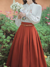 Load image into Gallery viewer, 2PS 1950S White Cat Embroidered Long Sleeve Shirt And Orange Swing Skirt Suit