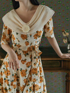 Orange Rose Print Off Shoulder Short Sleeves 50S Chiffon Dress