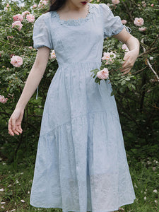Baby Blue Puffed Sleeves Back Bow 1950S Dress