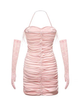 Load image into Gallery viewer, Pink Spaghetti Strap Feather Satin Pleated Sexy Gown Party Dress With Gloves