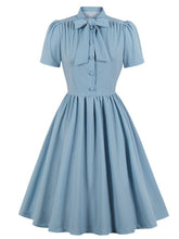 Load image into Gallery viewer, Baby Blue Tie Neck Short Sleeve Pleated A Line Cocktail Vintage Dress