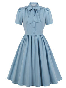 Baby Blue Tie Neck Short Sleeve Pleated A Line Cocktail Vintage Dress