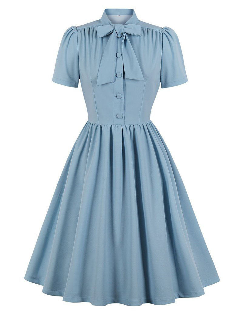 Baby Blue Tie Neck Short Sleeve Pleated A Line Cocktail Vintage Dress