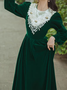 Emerald Green Flower Lace Velvet Long Sleeve Vintage Dress