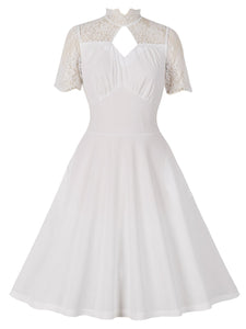 White Queen Collar Lace Semi-Sheer 1950S Vintage Dress With Pockets