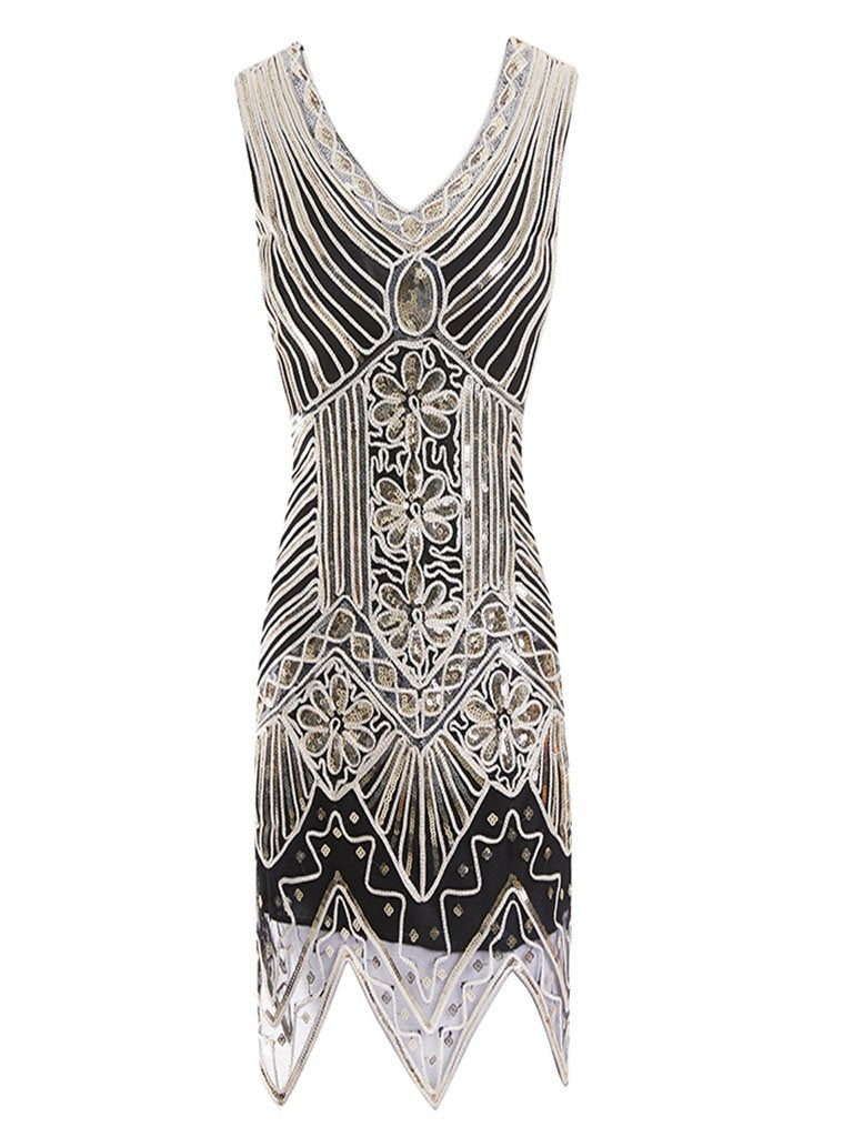 white and gold flapper dress Unique Vintage Ivory & Gold Sequin Margaux Sleeved Fringe Flapper Dres   Retro on the Go