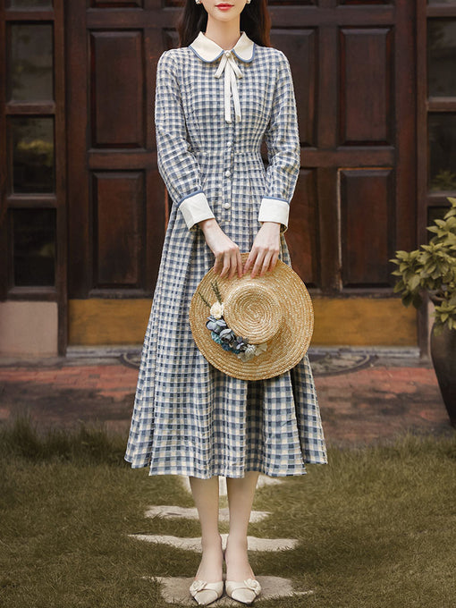 Blue And White Plaid  Long Sleeve 1950S Vintage Dress