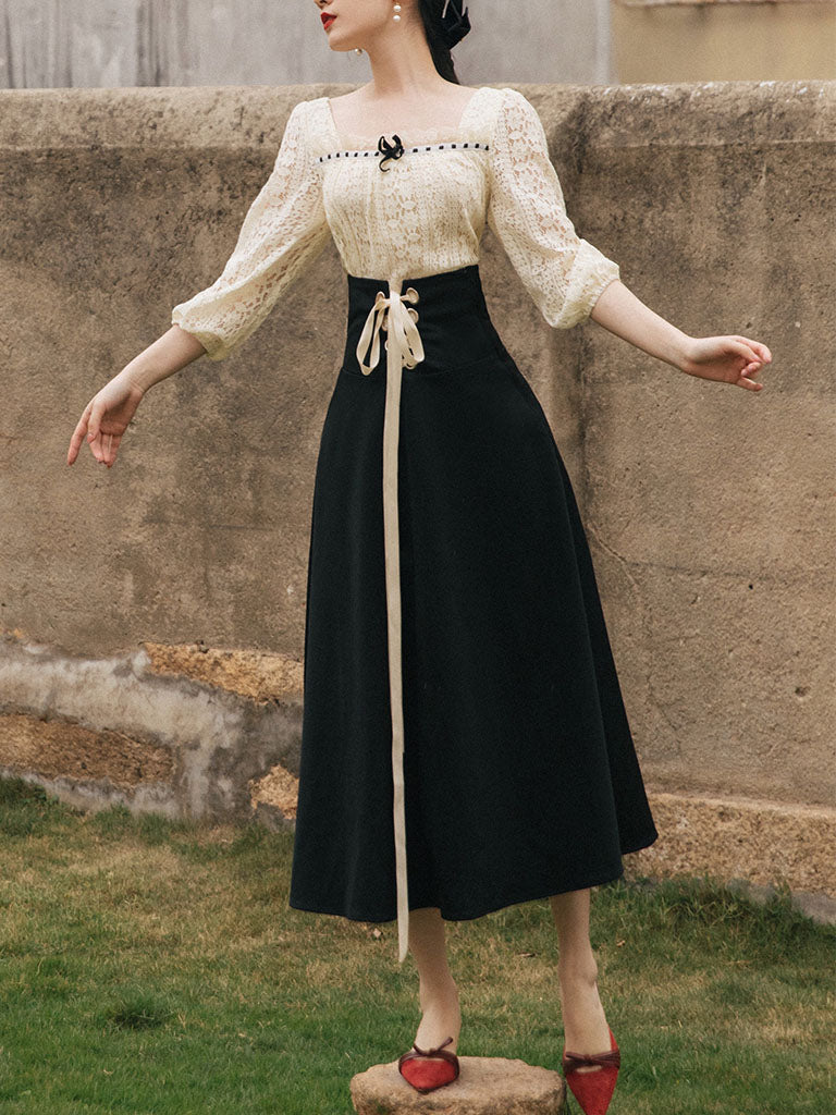 2PS White Lace Top And Black Skrit Dress Suit, White / M 2PS White Lace Top And Black Skrit Dress Suit, White / M