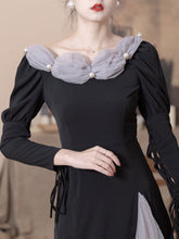 Load image into Gallery viewer, Black Empire Style Long Sleeve With Pearl Vintage Dress For Women