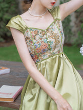 Load image into Gallery viewer, Green Rose Floral Off Shoulder 1950S Vintage Dress