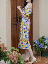 Load image into Gallery viewer, Yellow And Blue Floral Print Off Shoulder 1950S Dress