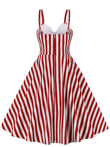 1950S Spaghetti Strap Pocket Dress With Red and White Vertical Stripe