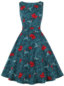 Blue Bird Print 1950S Vintage Swing Dress With Pockets