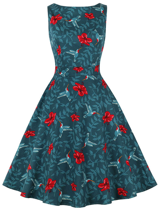 Blue Bird Print 1950S Vintage Swing Dress With Pockets
